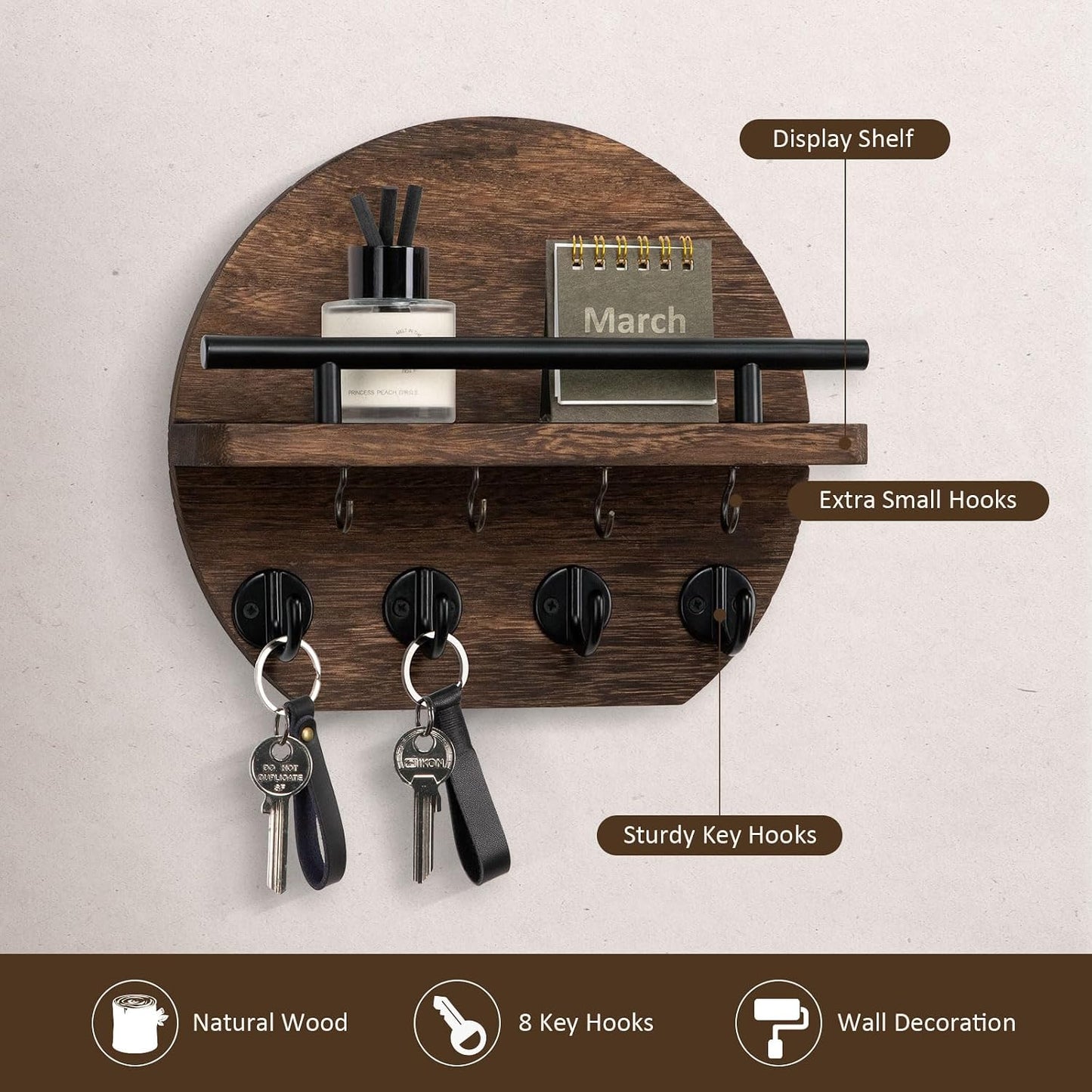 Nekon Key Holder for Wall - 9.8 Inch Apartment Wall Decor with Shelf and 8 Key Hooks, Circular Wood Key Hanger for Home Decor (Black with Golden Hooks)