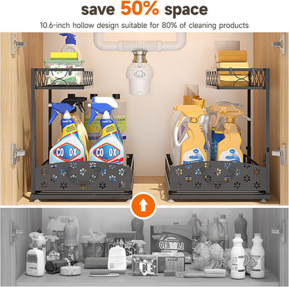 Sevenblue 2-Pack 2-Tier Height Adjustable Under Sink Organizer & Storage | Multi-purpose storage for kitchen & bathroom cabinet. Large black shelf, height adjustable design for space-saving.