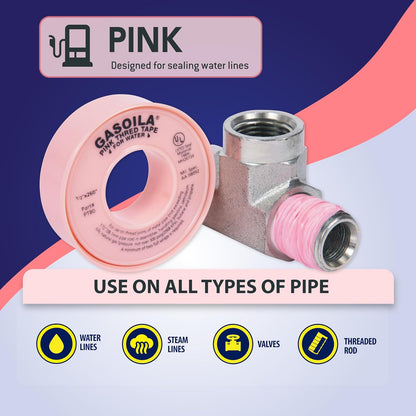 Gasoila Pink PTFE Thread Seal Tape – Professional-Grade High-Density Thread Tape for Water Lines – Leak-Proof Seal, Non-Toxic (1/2 Inch x 260 Inch Roll)