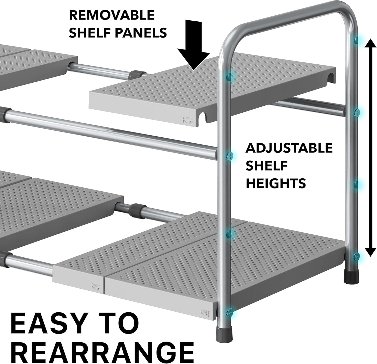 Simple Houseware Under Sink 2-Tier Heavy Duty Expandable Rack Organizer, Adjustable Width 15.75–25 Inches with 4 Shelf Height Levels, Silver