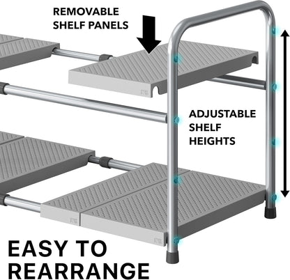 Simple Houseware Under Sink 2-Tier Heavy Duty Expandable Rack Organizer, Adjustable Width 15.75–25 Inches with 4 Shelf Height Levels, Silver