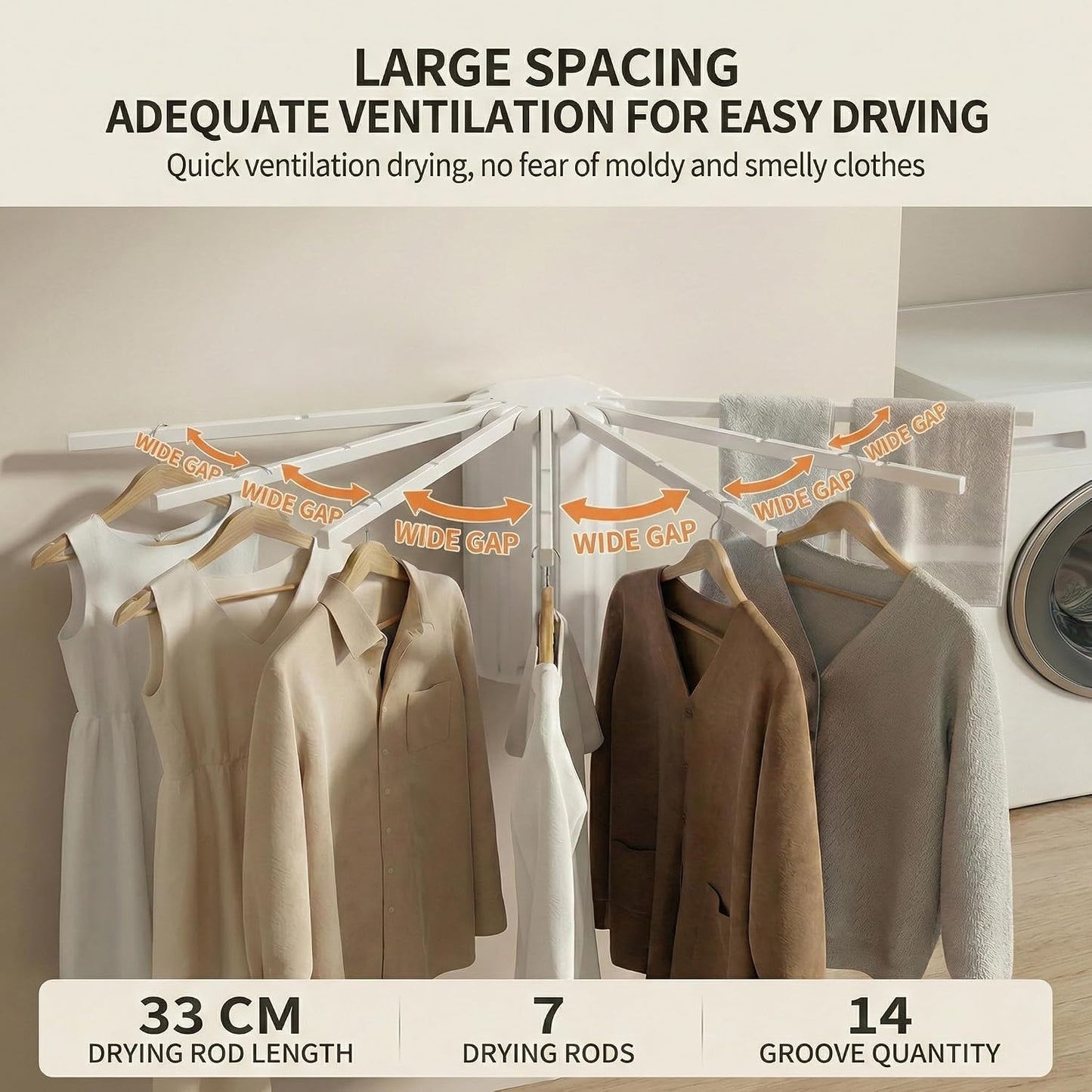 Wall-Mounted Drying Rack Clothing Foldable, Space-Saving Laundry Drying Rack with 7 Rods Perfect for Versatile Indoor and Outdoor Use in Apartment, Bathroom, RV, Balcony and Bedroom