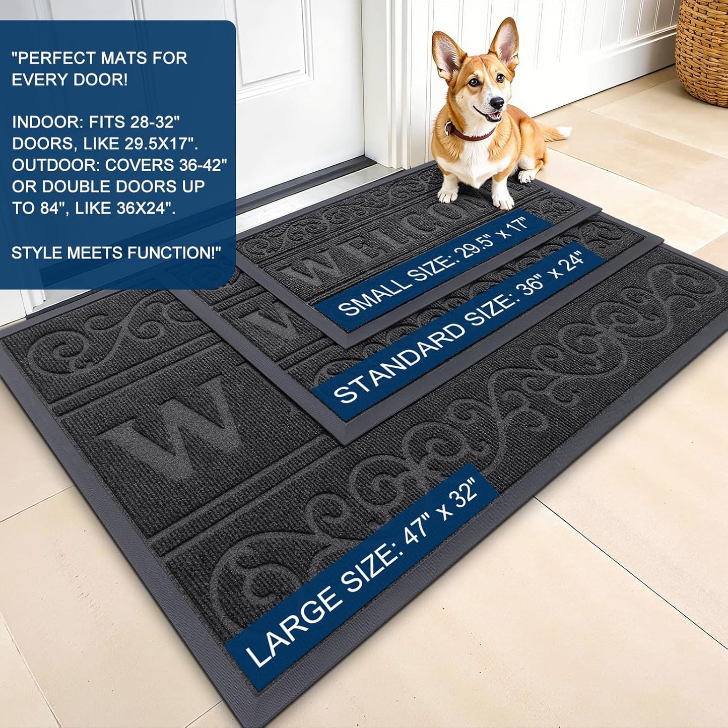 OLANLY Front Door Mat Outside Entrance 29.5x17, Absorbent, Heavy Duty Sturdy Natural Rubber Doormat Indoor Outdoor, Stain and Fade Resistant, Non-Slip Backing Low Profile Floor Mat for Entryway, Grey
