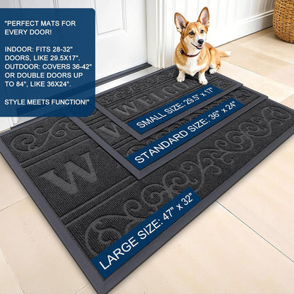 OLANLY Front Door Mat Outside Entrance 29.5x17, Absorbent, Heavy Duty Sturdy Natural Rubber Doormat Indoor Outdoor, Stain and Fade Resistant, Non-Slip Backing Low Profile Floor Mat for Entryway, Grey