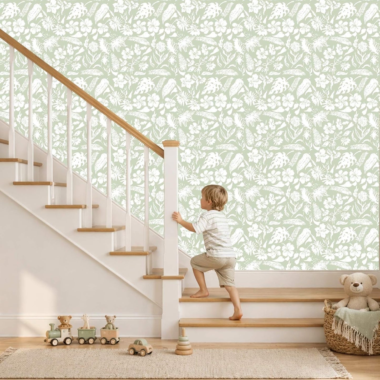 Green Botanical Floral Peel and Stick Wallpaper Self Adhesive Removable Thick Renter Friendly Wallpaper for Bedroom Accent Wall 17.7" x 118"