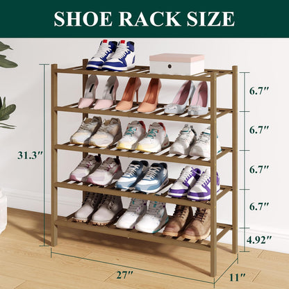 Smiry Bamboo Shoe Rack for Closet, 3 Tier Wooden Shoe Organizer, Stackable Wood Shoe Storage Shelf for Entryway, 14 Vertical Slats, One-piece Heavy-Duty Legs, 26.77"x11.02"x18.31", Natural