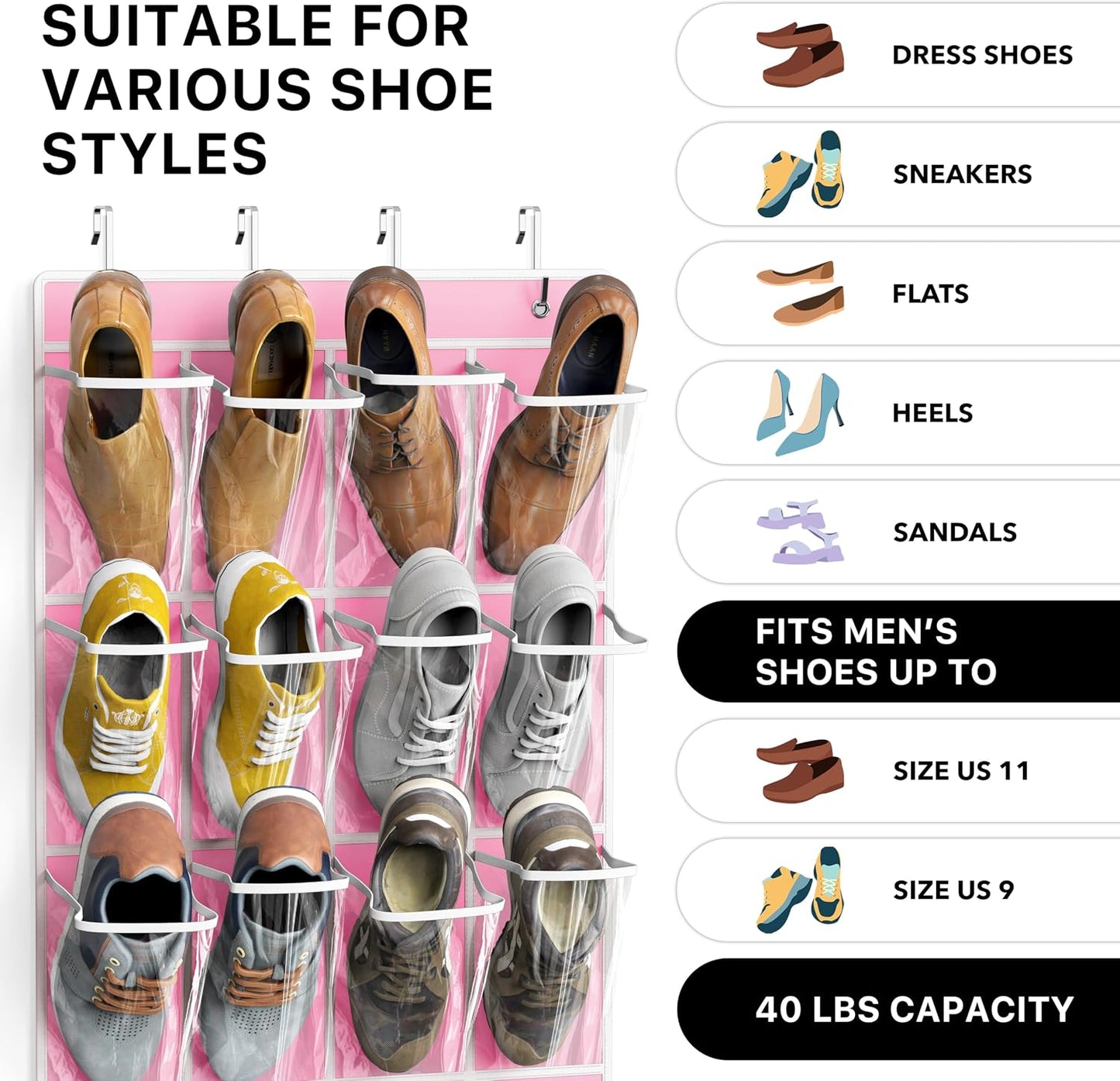 Simple Houseware 24 Pockets - Crystal Clear Over The Door Hanging Shoe Organizer, Gray (64'' x 19'')