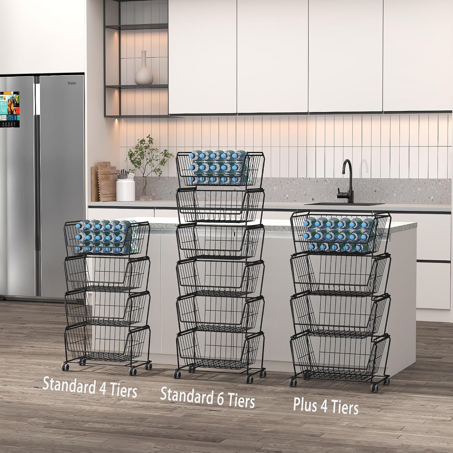 PUSDON 6-Tier Tall Stackable Wire Storage Baskets with Wheels, Vertical Metal Rolling Utility Cart, High Capacity Produce Basket for Kitchen Pantry, Snack Organizer, Matte Black