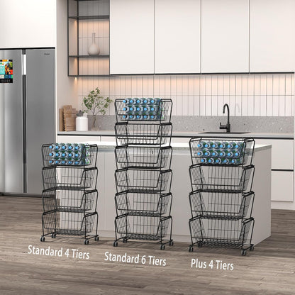 PUSDON 6-Tier Tall Stackable Wire Storage Baskets with Wheels, Vertical Metal Rolling Utility Cart, High Capacity Produce Basket for Kitchen Pantry, Snack Organizer, Matte Black