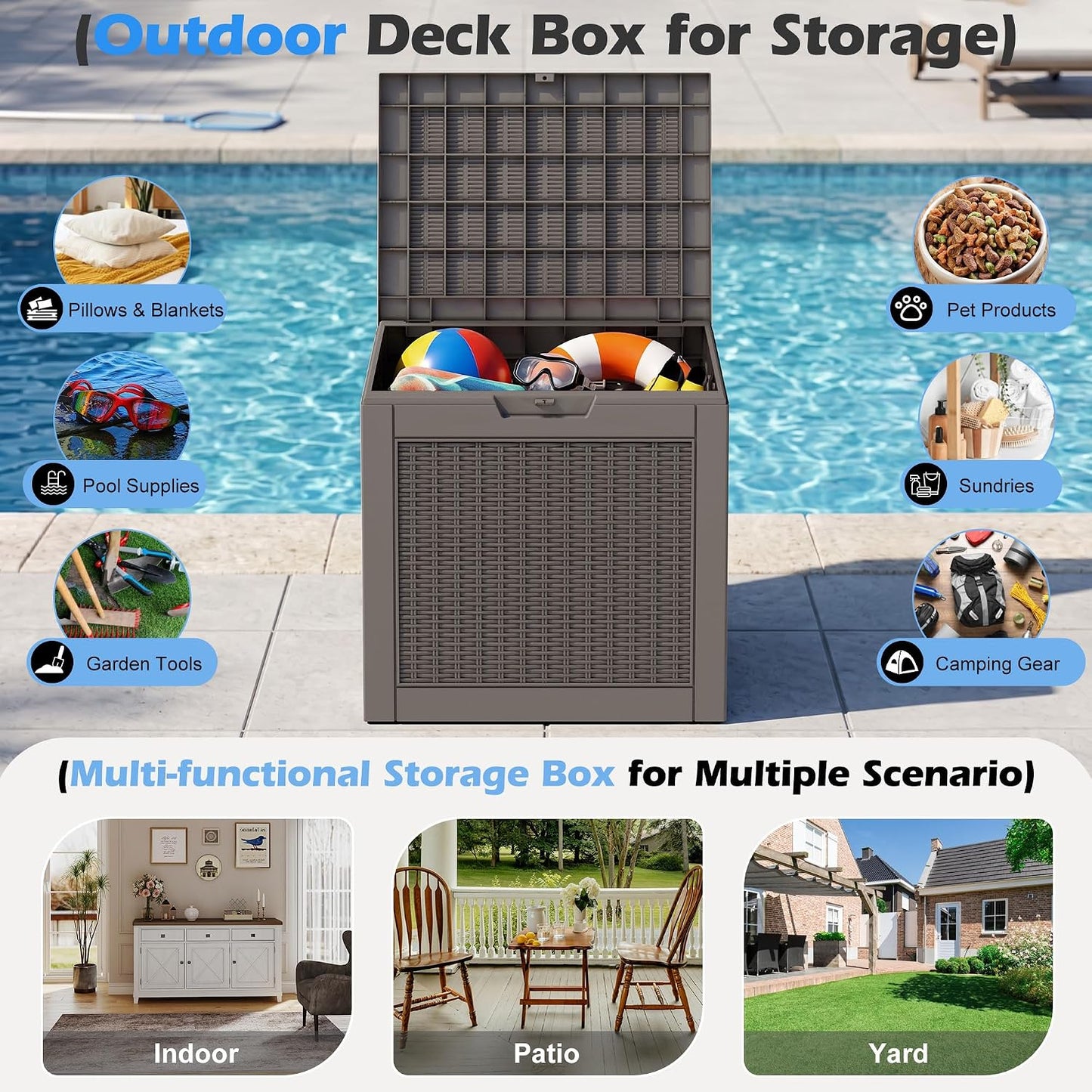 Outdoor Storage Box, 31 Gallon Resin Deck Boxes Outdoor Waterproof For Patio Furniture, Garden Tools, Pool Supplies, Lockable And UV Resistant (Rattan Gray)