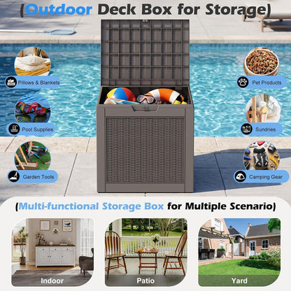 Outdoor Storage Box, 31 Gallon Resin Deck Boxes Outdoor Waterproof For Patio Furniture, Garden Tools, Pool Supplies, Lockable And UV Resistant (Rattan Gray)