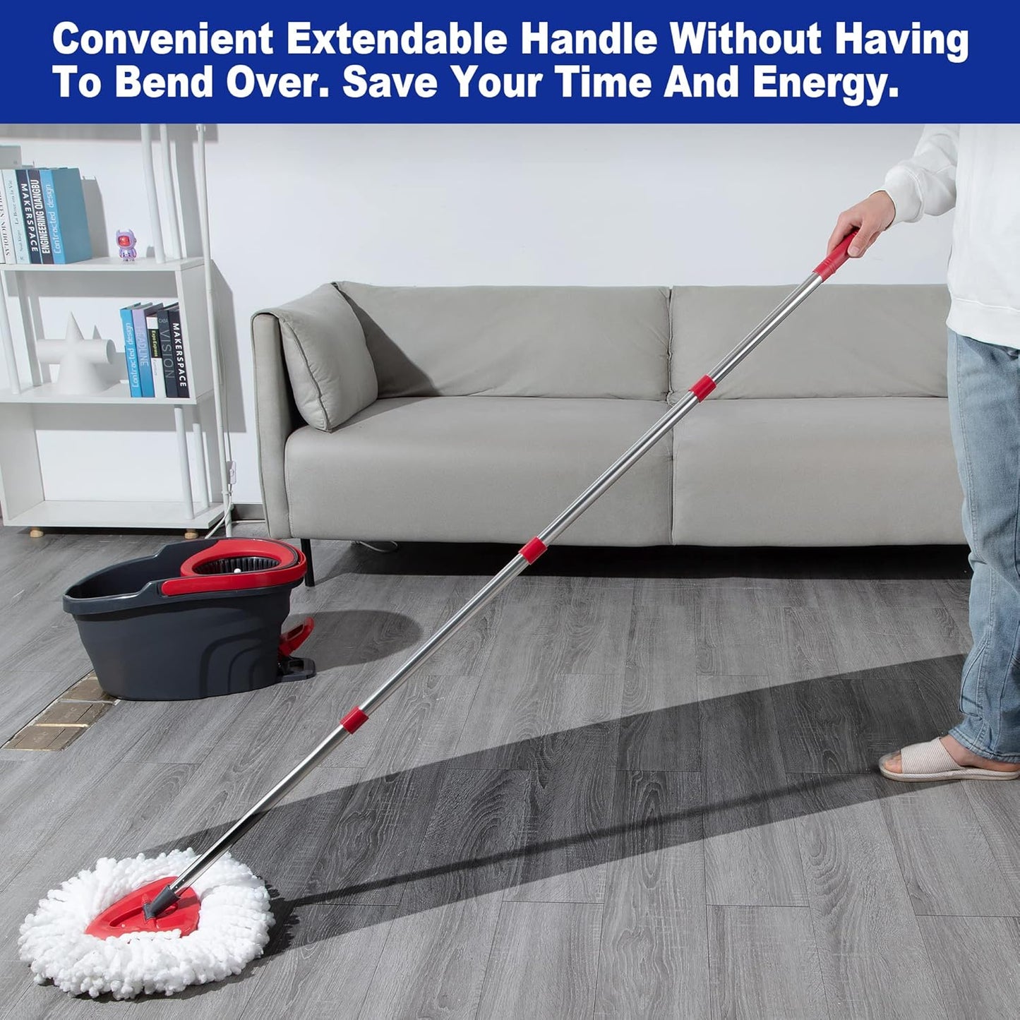 Mop Handle Compatible with O-Cedar EasyWring Spin System, Spin Mop Replacement Handle & Base, 4-Section Stainless Steel Mop Stick Pole & Base
