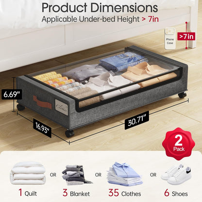 Yecaye Under Bed Storage with Wheels, 2 Pack Under Bed Storage Containers, 60L Underbed Shoe Storage with Clear Window & Label, Rolling Under Bed Metal Drawer for Clothes, Shoes, Books, Blankets