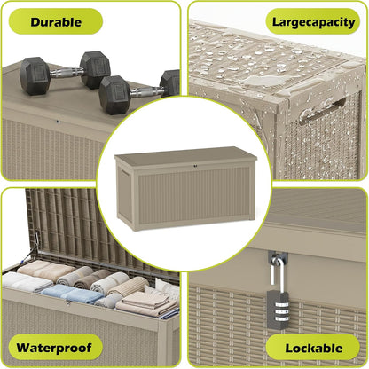 ROJIK 340 Gallon Deck Box Outdoor Waterproof,Weatherproof Outdoor Storage Boxes Lockable with Lid,Outside Resin Storage Bench for Patio Cushions,Garden Tools and Pool Accessories(Black)