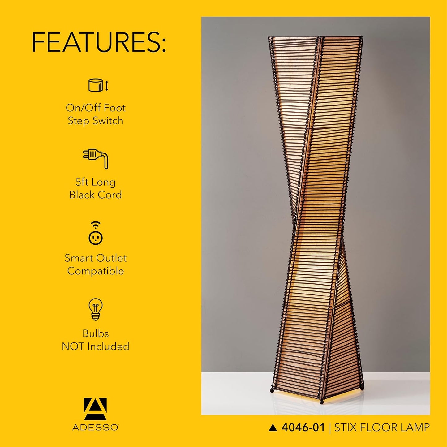 Adesso Stix Floor Lantern – Twisted Square Black and Beige Base, Transitional Two Light Floor Lamp for Bedroom, Home Office Lighting, or Living Room Décor, 50” x 9.5”