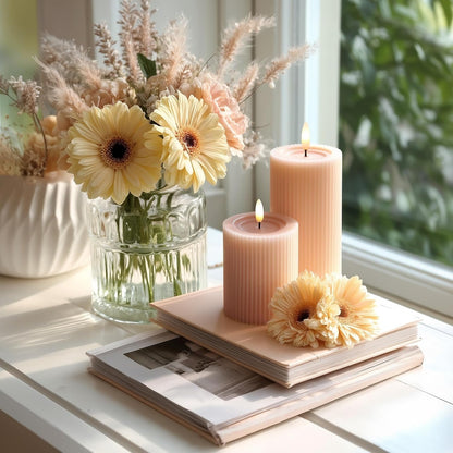 Fluted Ribbed LED Pillar Candles, Cream Beige, with Reflective Melted-Wax Effect – Flickering Flame, Remote, Dimmable, Flameless, Battery Operated, Home & Wedding Decor (Set of 3)