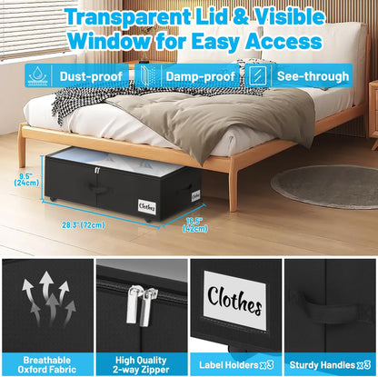 Under Bed Storage with Wheels, 2-Pack 10" Height XXL 75L Rolling Storage Bins, Quick Assembly Underbed Shoe Storage Containers with Clear Lid & Label, Dorm Under Bed Drawers for Clothes, Shoes, Black