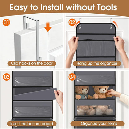 WISELIFE Over The Door Organizer Storage with 4 Large Pockets Door Hanging Organizer with Clear Windows behind The Door Storage for Nursery Bedroom Bathroom Pantry Closet and Baby Essentials Dark Grey