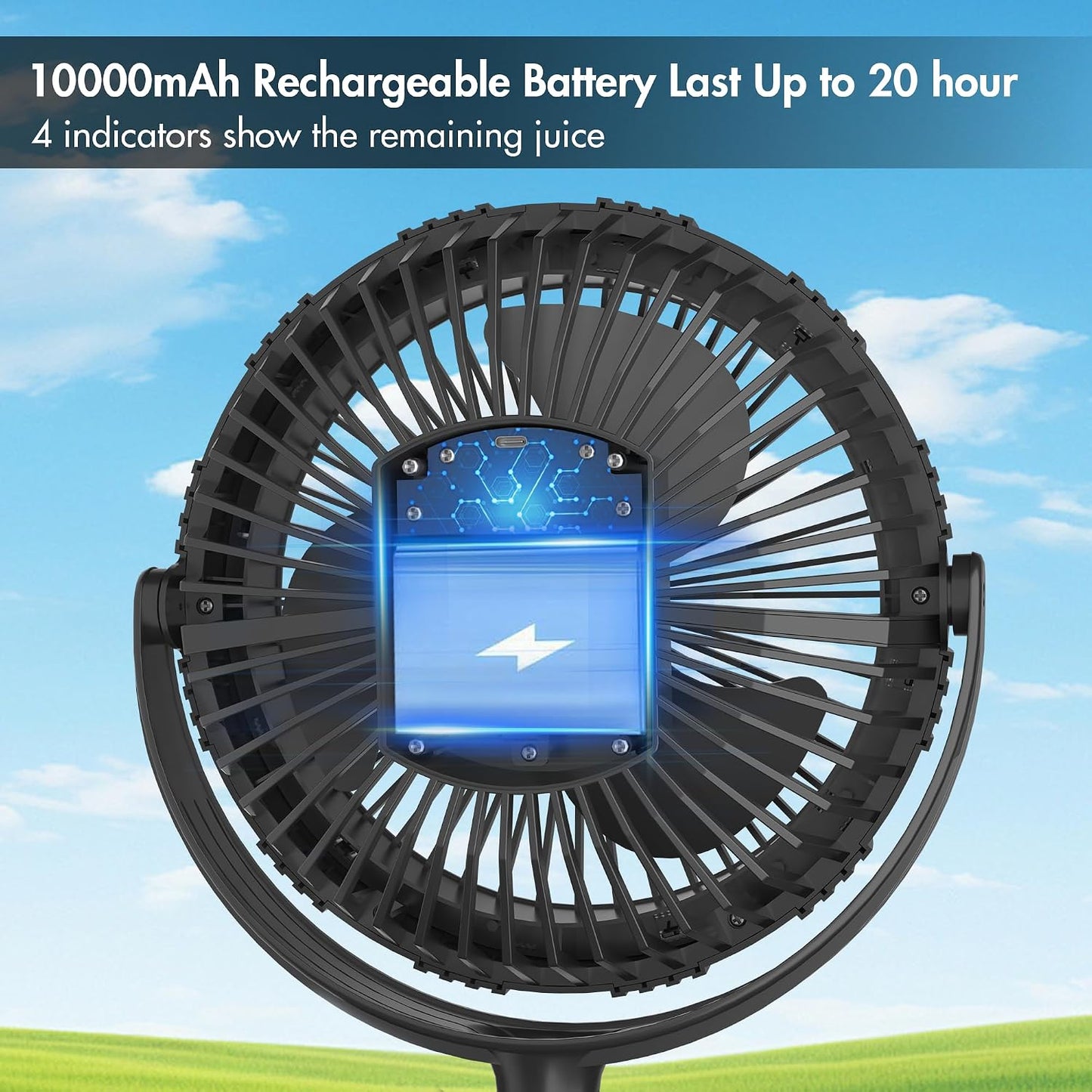 10000mAh Portable Fan with Clip, Rechargeable Clip On Fan with Light & Hook, 3 Strong Airflow & Timer, Battery Powered, Clamp On Desk Fan for Travel Outside Camping Sleep Bedroom Office RV Hurricane