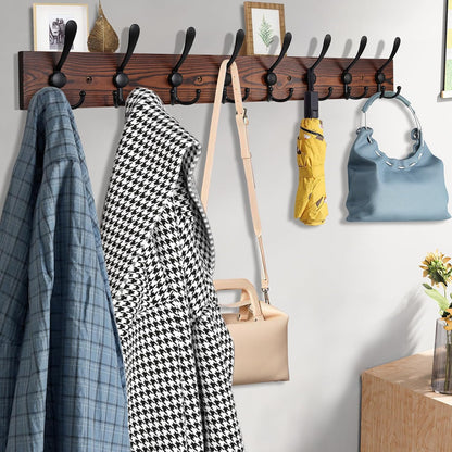 Kuhome 2pcs Coat Rack Wall Mount Wooden Hat Rack for Wall Hooks Pine Real Wood Plank 16.9" Brown Coat Hanger with 5 Triple Hooks for Hanging Coat Hat Jacket