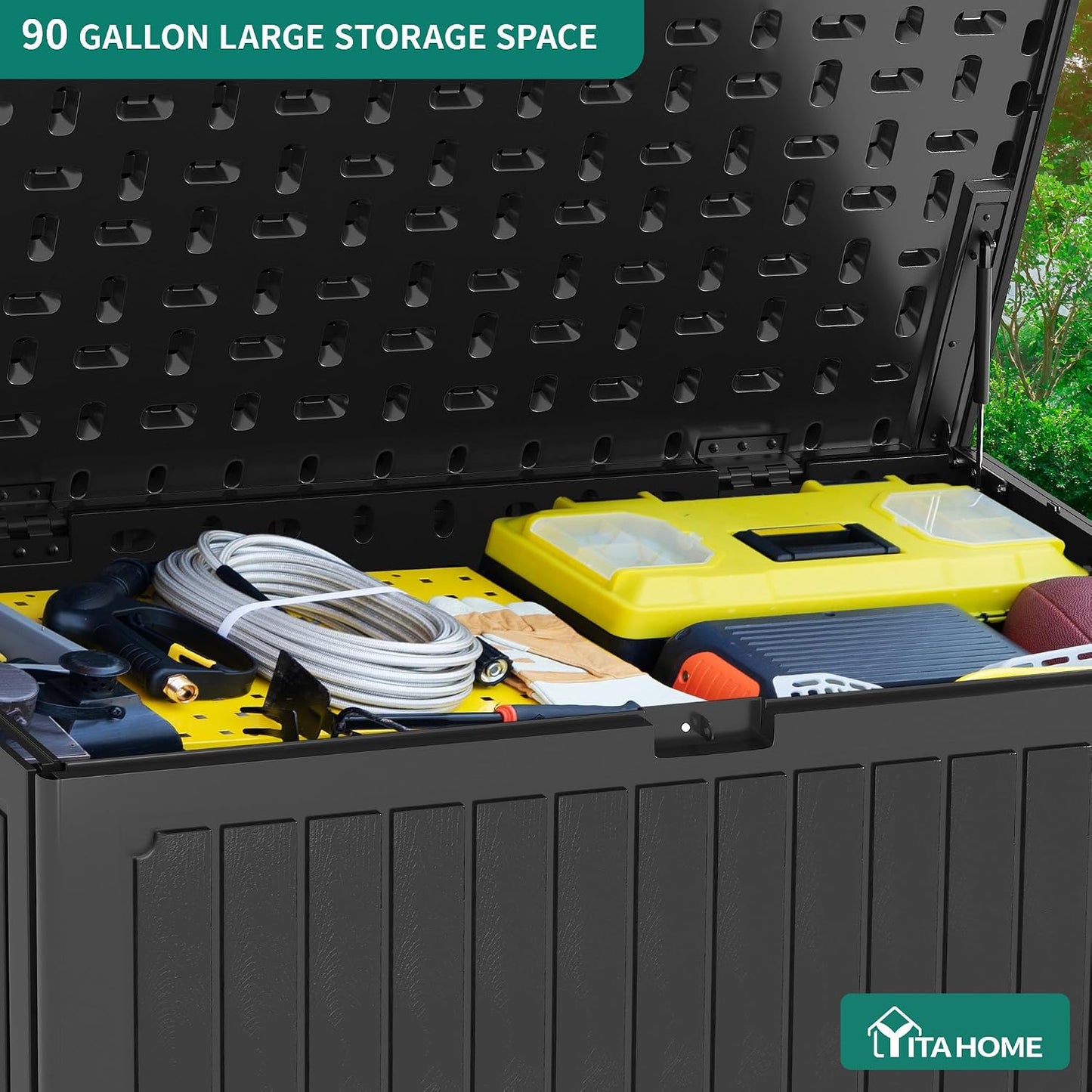 YITAHOME 100 Gallon Large Outdoor Deck Box | Waterproof Resin Storage Box, Lockable Indoor Outdoor Storage Container for Patio Furniture Cushions, Pool Accessories