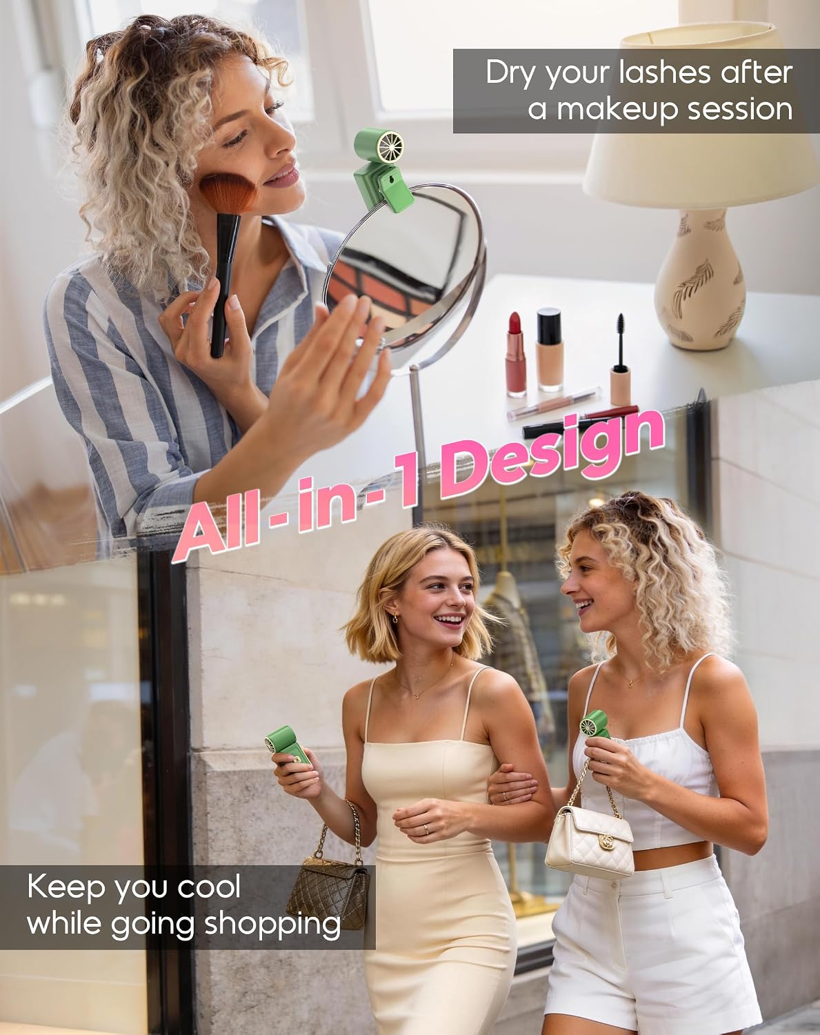 Portable Clip-On Mini Fan, Hands-Free, Turbo Personal Handheld Fans Rechargeable w/ 4 Wind & LED Display, Pocket Size Summer Cooling Essentials for Travel/Eye Lash/Beach/Concert, Gifts for Women(Pink)