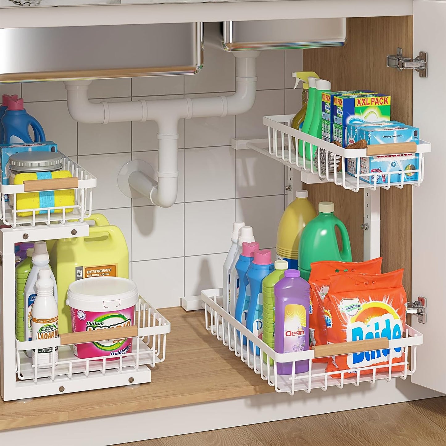 ADRIMER Under Sink Organizer 2 Packs, Pull Out Kitchen Sink Organizer, 2 Tier Slide Out Kitchen Organizers and Storage Bathroom Under Cabinet Storage Shelf, Transparent & White