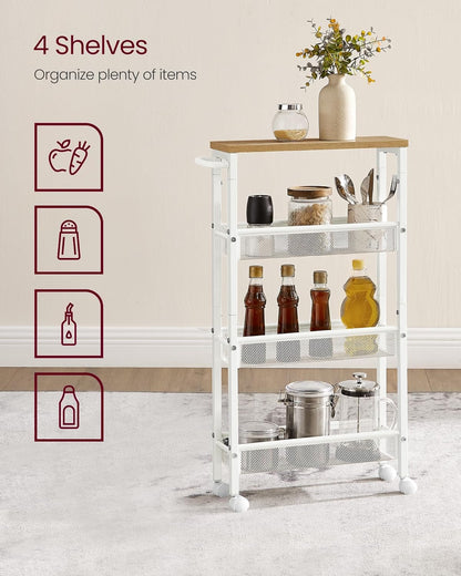 VASAGLE Slim Rolling Cart, 4-Tier Narrow Storage Cart with Handle, 5.1 Inches Deep, Metal Frame, for Kitchen, Dining Room, Living Room, Home Office, Rustic Brown and Classic Black ULRC032B01V1