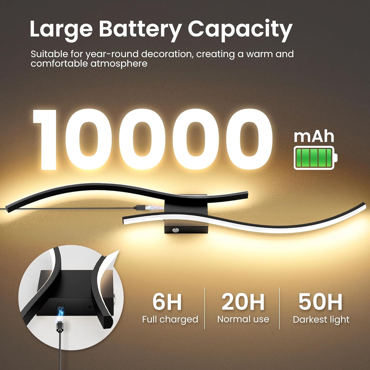 Battery Operated Wall Sconces Set of Two, 10000mAh Rechargeable Modern Wall Lights with Remote Control, Dimmable Gold LED Cordless Lighting for Living Room, Bedroom, Hallway, 39.4 Inch, 3CCT