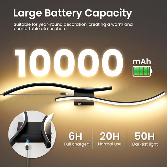 Battery Operated Wall Sconces Set of Two, 10000mAh Rechargeable Modern Wall Lights with Remote Control, Dimmable Gold LED Cordless Lighting for Living Room, Bedroom, Hallway, 39.4 Inch, 3CCT