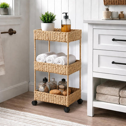 Casafield 3-Tier Rolling Storage Cart - Natural, Water Hyacinth Nursery Caddy, Utility Cart for Bathroom, Craft Room, Laundry Room Organization