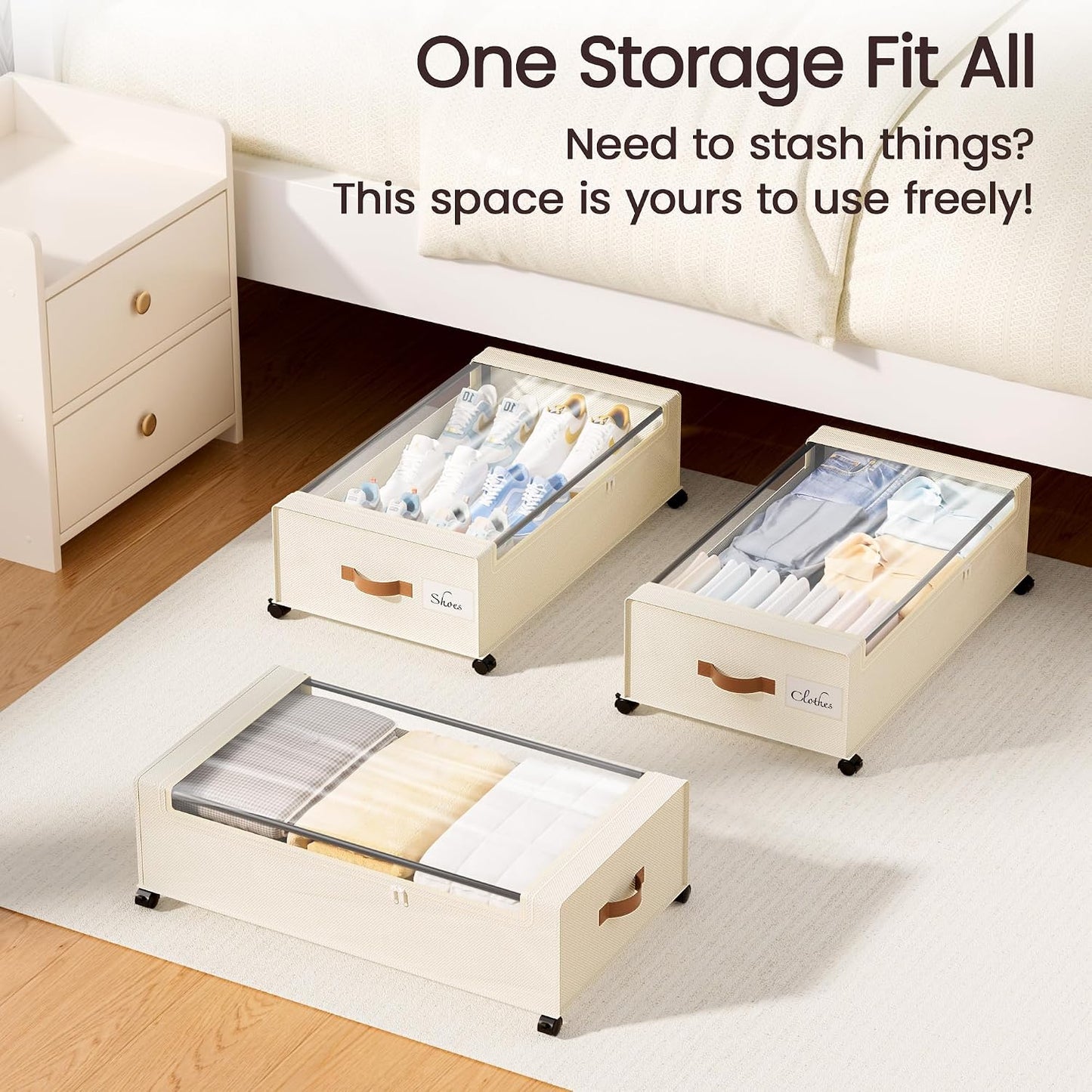 Yecaye Under Bed Storage with Wheels, 2 Pack Under Bed Storage Containers, 60L Underbed Shoe Storage with Clear Window & Label, Rolling Under Bed Metal Drawer for Clothes, Shoes, Books, Blankets
