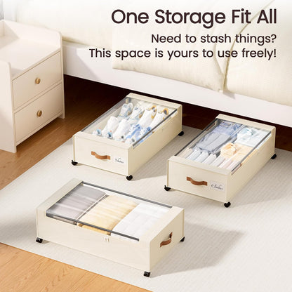 Yecaye Under Bed Storage with Wheels, 2 Pack Under Bed Storage Containers, 60L Underbed Shoe Storage with Clear Window & Label, Rolling Under Bed Metal Drawer for Clothes, Shoes, Books, Blankets