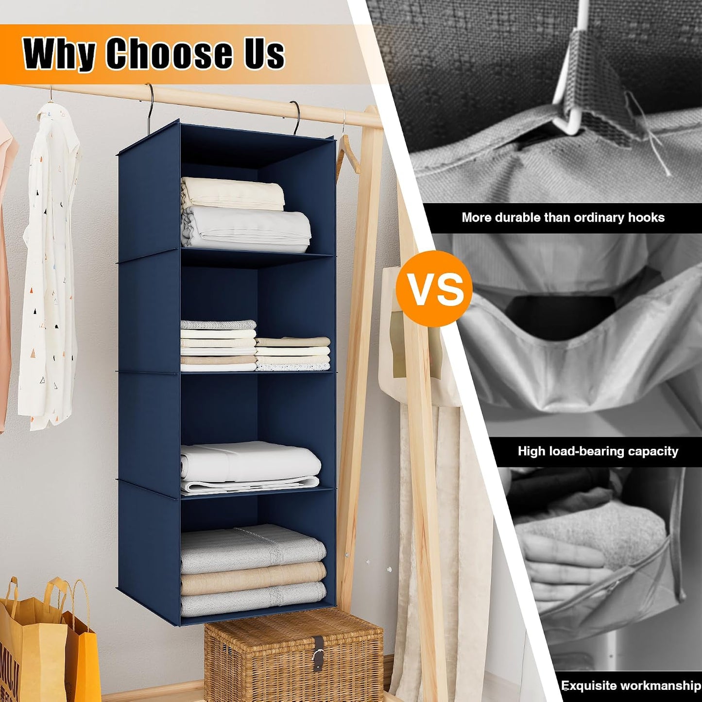 Hanging Closet Organizer 3-Shelf, Oxford Fabric Wardrobe Storage, Gray | Easy-mount foldable design holds clothes, handbags, shoes & accessories; washable Oxford fabric, sturdy and space-saving.