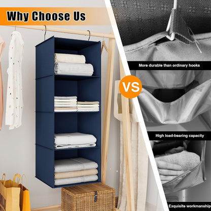 Hanging Closet Organizer 3-Shelf, Oxford Fabric Wardrobe Storage, Gray | Easy-mount foldable design holds clothes, handbags, shoes & accessories; washable Oxford fabric, sturdy and space-saving.