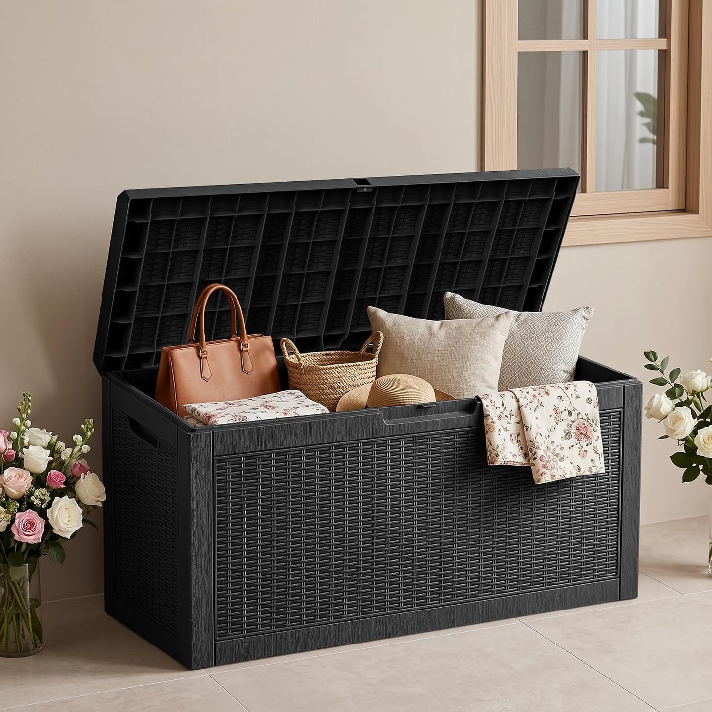 100 Gallon Storage Box, Waterproof Resin Deck Box with Hydraulic Piston Design, Lockable Storage Bench for Package Delivery, Storage Bin for Patio Cushions, Garden Tools, Black