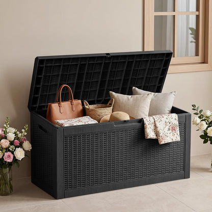 100 Gallon Storage Box, Waterproof Resin Deck Box with Hydraulic Piston Design, Lockable Storage Bench for Package Delivery, Storage Bin for Patio Cushions, Garden Tools, Black