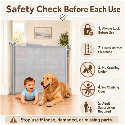 SPACEANY Retractable Safety Baby Gate or Mesh Dog Gate,Durable Portable Mesh Retractable Gate,Easy to Use for Stairs, Doorways, Hallways, Indoor, Outdoor, 33.5" Tall, Up to 45" Wide, Cream