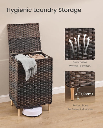 SONGMICS 3-Section Laundry Hamper with Lid, 42.2 Gal (160L) PE Rattan Laundry Basket with Removable Washable Liners, for Bedroom & Living Room, Chestnut Brown ULCB223ME01