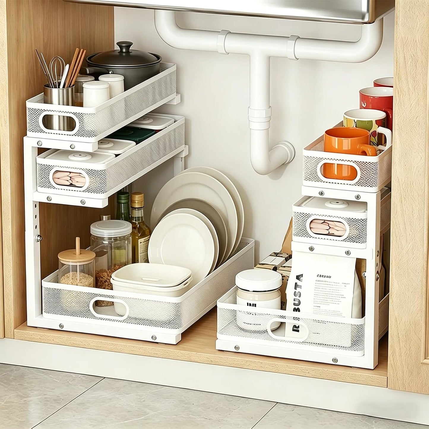 2 Pack Under Sink Organizer, 3-Tier Pull Out Kitchen Cabinet Organizer with 5 Adjustable Heights Metal Slide Out Bathroom Storage Makeup Drawer Rack for Bedroom Office Pantry Home Organization, White