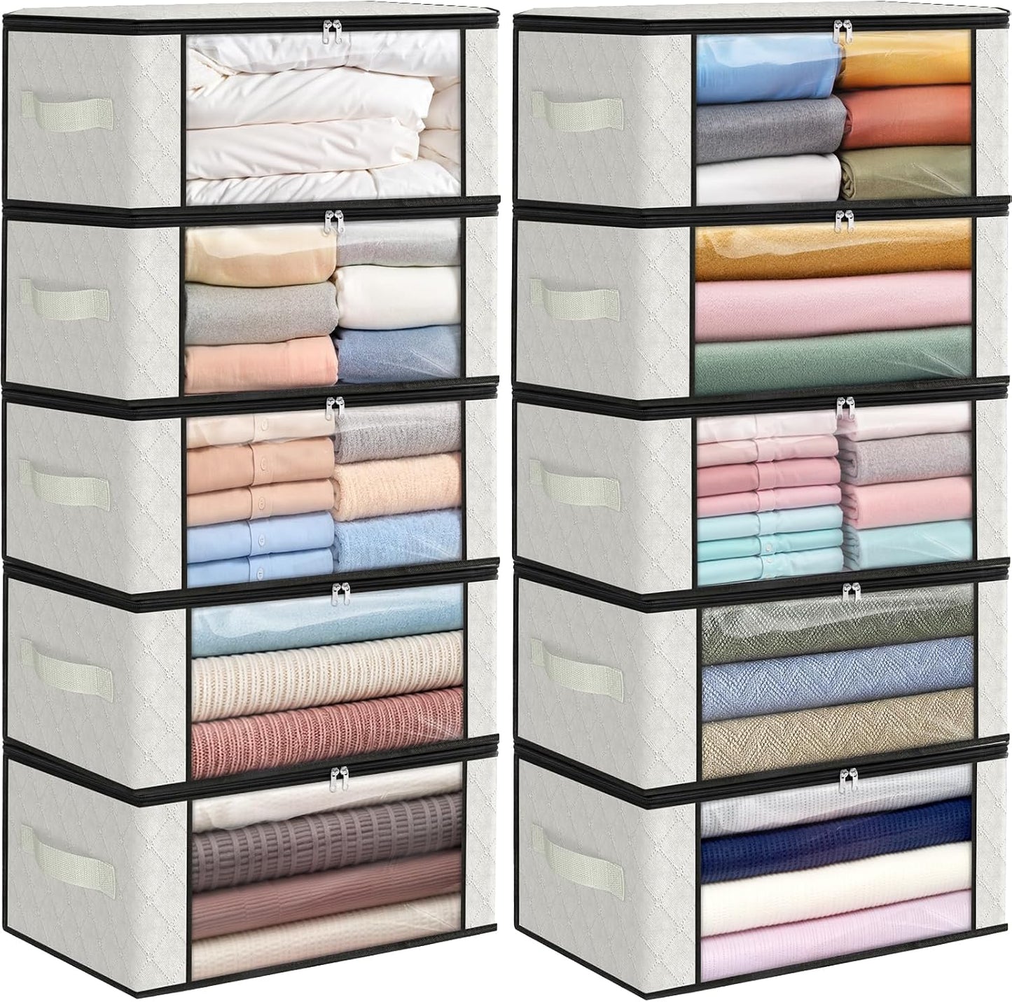 Fab totes 6 Pack Storage Bags for Clothes and Blanket, Foldable Closet Organizers and Storage with Zippers, Clear Window and Handles, Fabric Storage Bins for Sweater, Comforter, Bedding,Linen Sheets