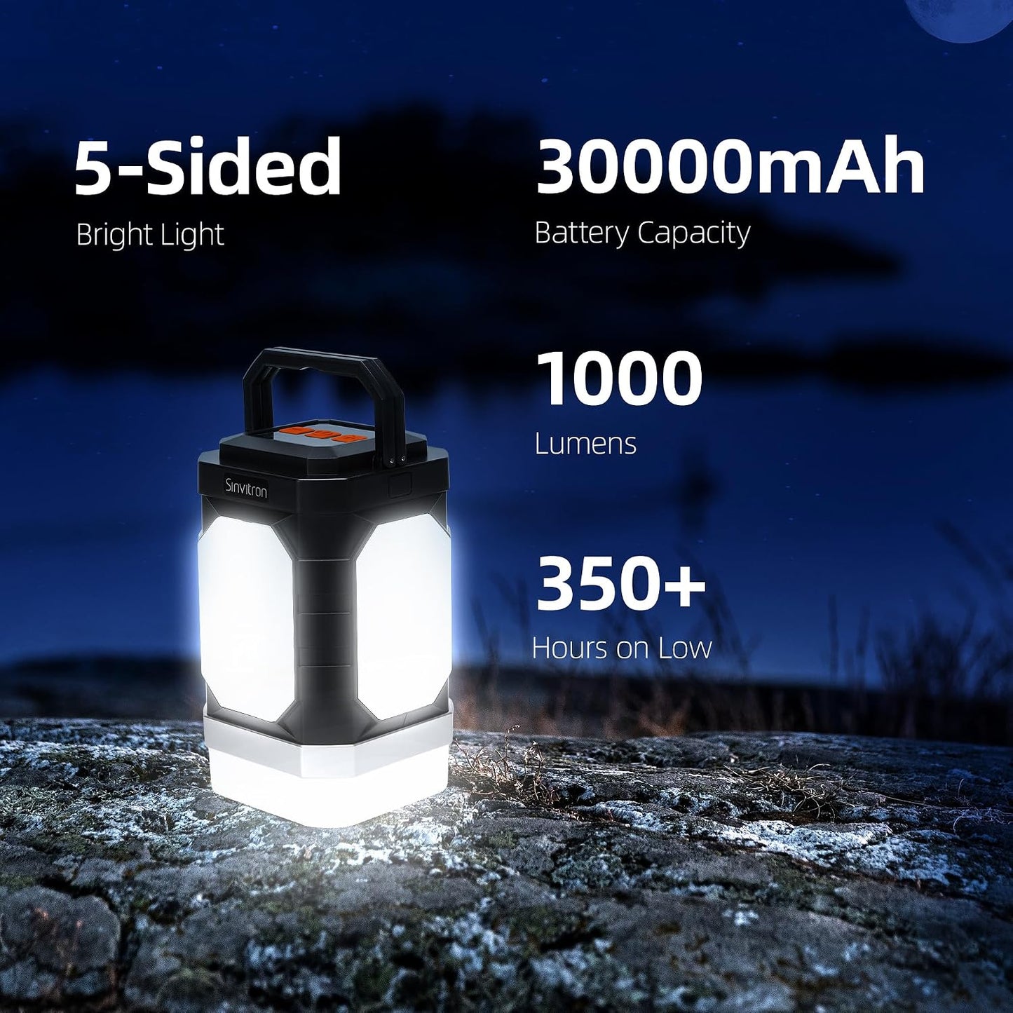 Sinvitron Camping Lantern Rechargeable–30,000mAh Portable Camping Lights, QC3.0 Fast Charging,1000 Lumens,350H Runtime,IPX5 Waterproof Emergency Light for Hurricanes,Power Outages,Camping