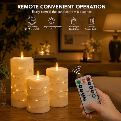 Flickering flameless candles, battery-powered, with string lights, remote control and timer functions, LED pillar candles (3-piece set) in ivory, suitable for home, party, and other decorations