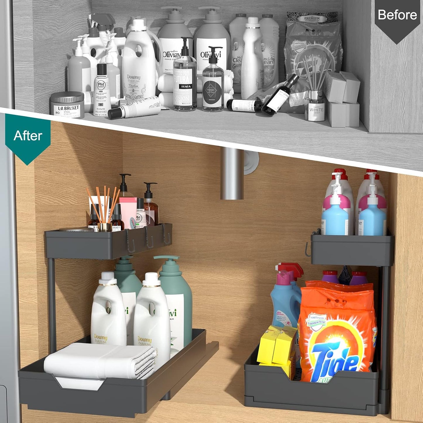 NATURE'S SOURCE 2 Pack Under Sink Organizer 2 Tier Sliding Cabinet Organizers Multi-Purpose Sink Storage Basket L-Shape Narrow Space Storage Shelves with 4 Hook for Kitchen Bathroom Drawer, Black