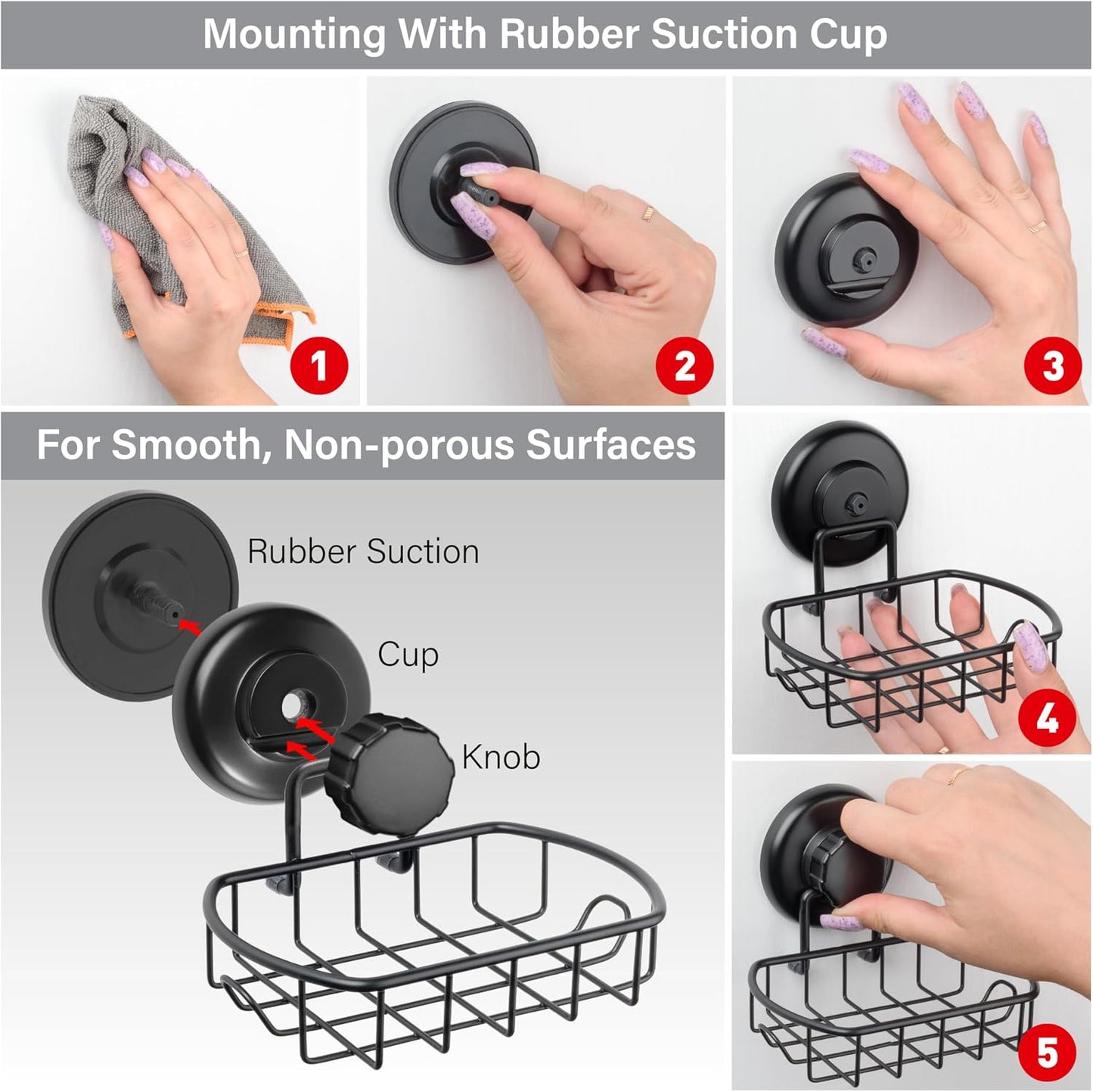 HASKO Suction Cup Soap Dish for Shower Wall, Rustproof Stainless Steel Shower Soap Holder for Bathroom with Hooks and Soap Saver, Includes Optional No Drill Adhesive Mount, Silver
