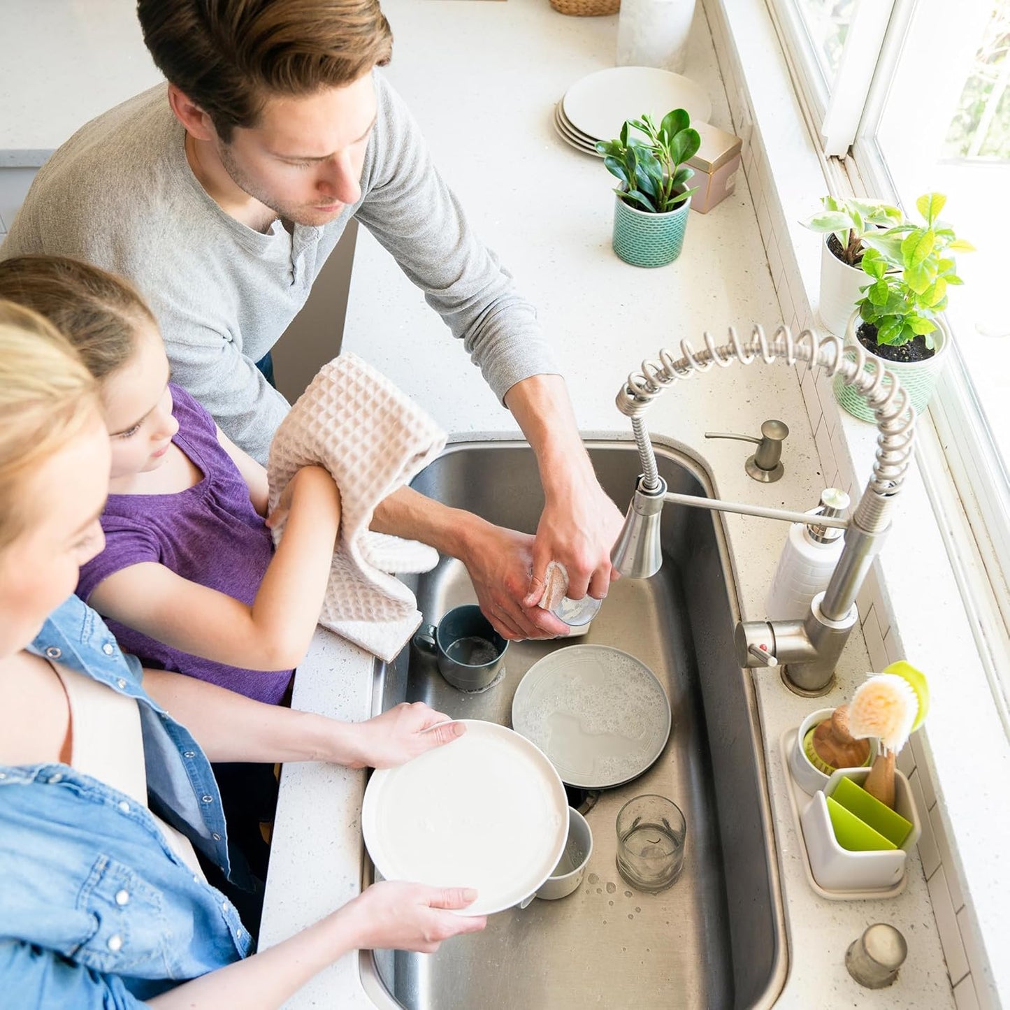 Full Circle Stash, Ceramic Kitchen Sink Caddy, Stylish Sponge Holder & Dish Brush Organizer, Easy to Clean, Dishwasher Safe, Rustproof, White and Gray, 11"