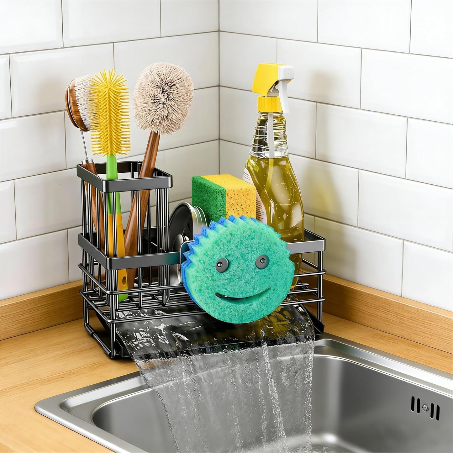 Cisily Sink Caddy Sponge Holder for Kitchen with Brush Holder and Stainless Steel Self Drain Tray, Rustproof Kitchen Sink Organizer for Sponge, Soap Dispenser Storage Accessories (Black)