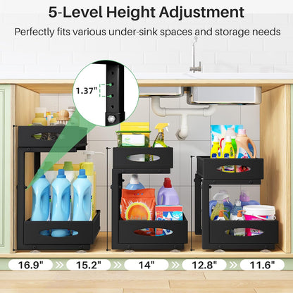 Under Sink Organizer, 2 Tier Pull out Cabinet Organizer Baskets with Mesh Sliding Drawers, Slide out Storage Shelf for Home, Kitchen, Bathroom, Pantry, Office Cabinet, Countertop(1 Pack)