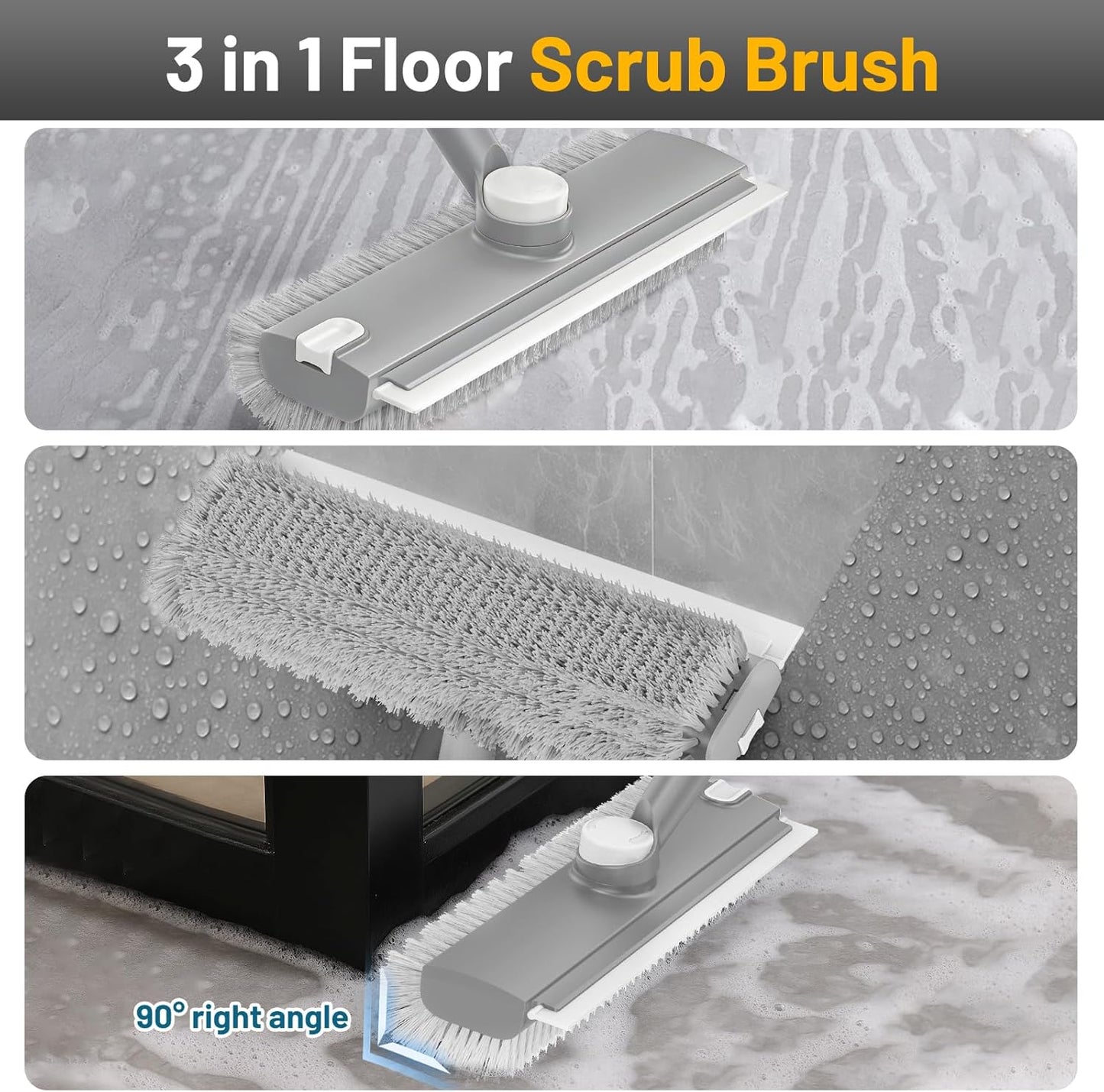 3 in 1 Floor Scrub Brush with Long Handle & Squeegee | Heavy-Duty, Adjustable, 360° Rotating Head for Cleaning Tile Bathroom Deck Kitchen Patio, Blue
