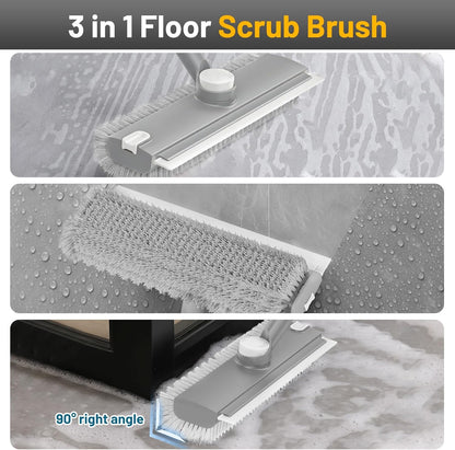3 in 1 Floor Scrub Brush with Long Handle & Squeegee | Heavy-Duty, Adjustable, 360° Rotating Head for Cleaning Tile Bathroom Deck Kitchen Patio, Blue